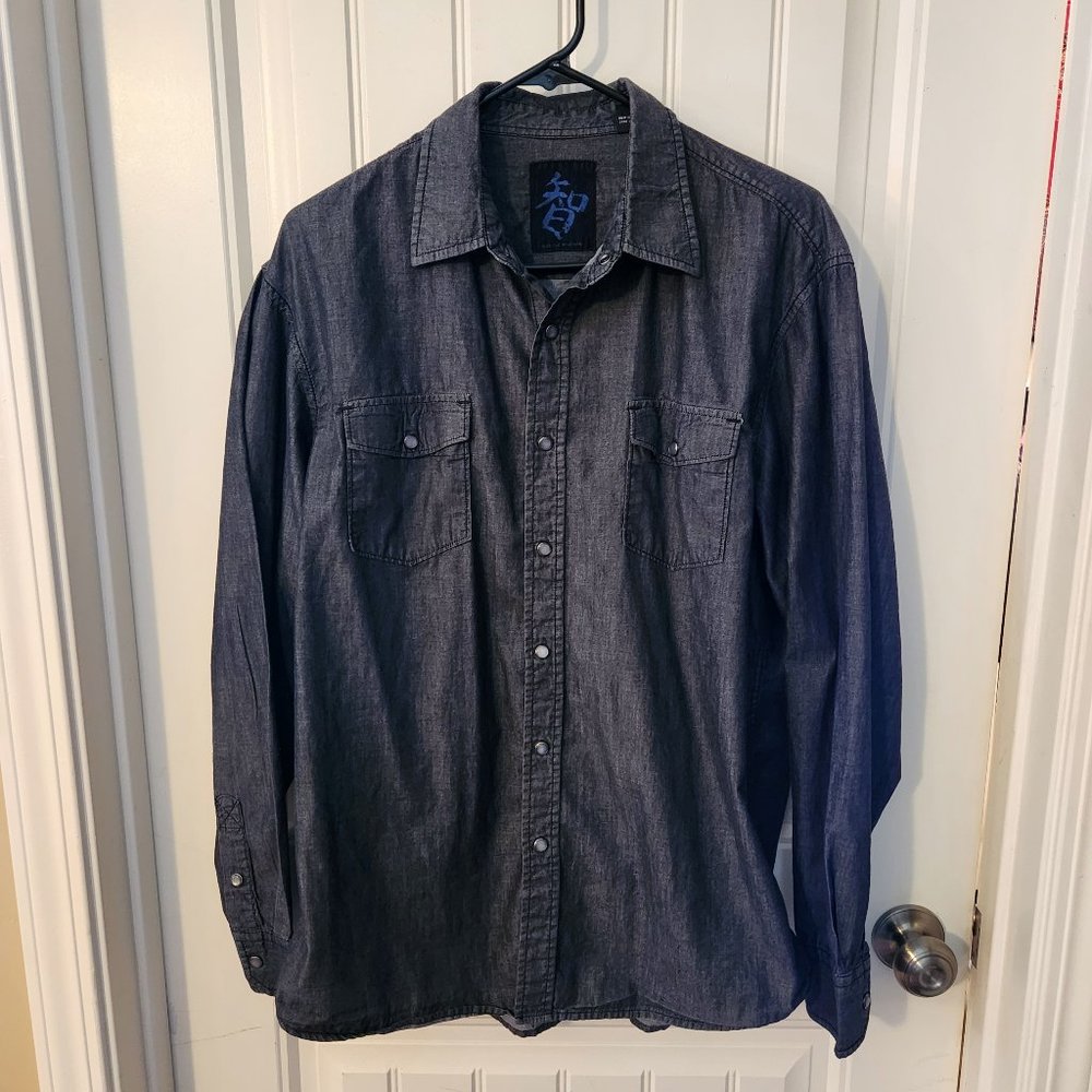 Dark Gray Snap Button Collared Dress Shirt with Double Front Pockets - Picture 1 of 3